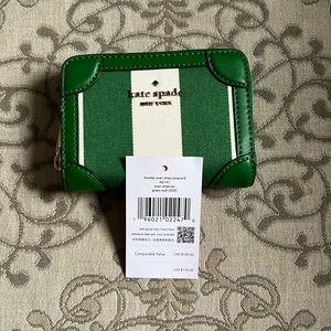 Kate Spade Traveler Even Striped Jacquard Small Zip Card Case Wallet Green NWT